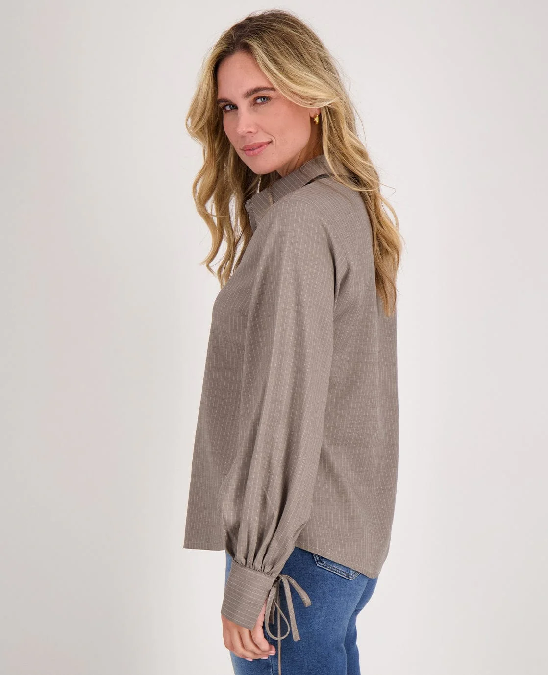 Blouse Pinstripe | Taupe/Wit - Image 4