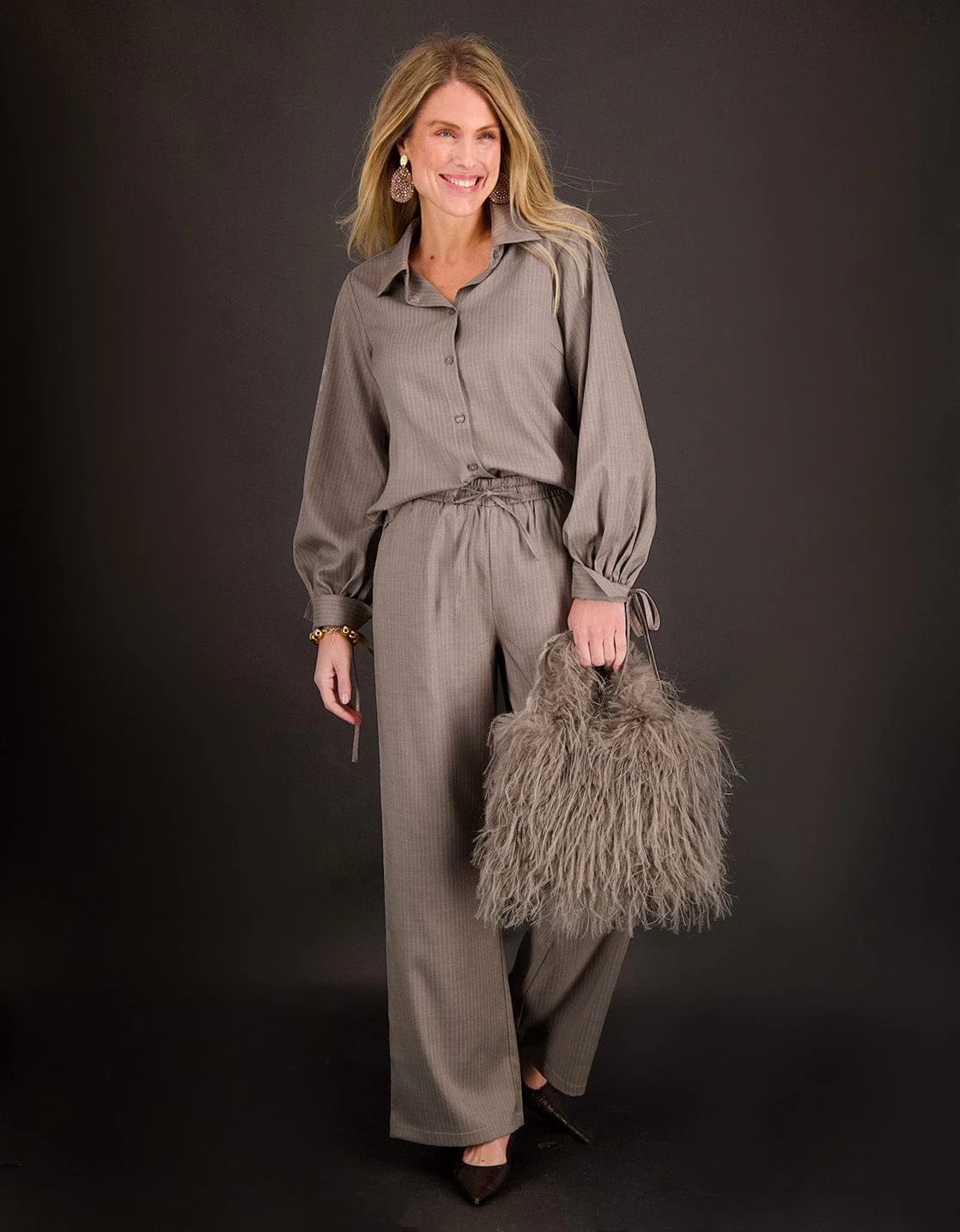 Pant Pinstripe Straight | Taupe/Wit - Image 9